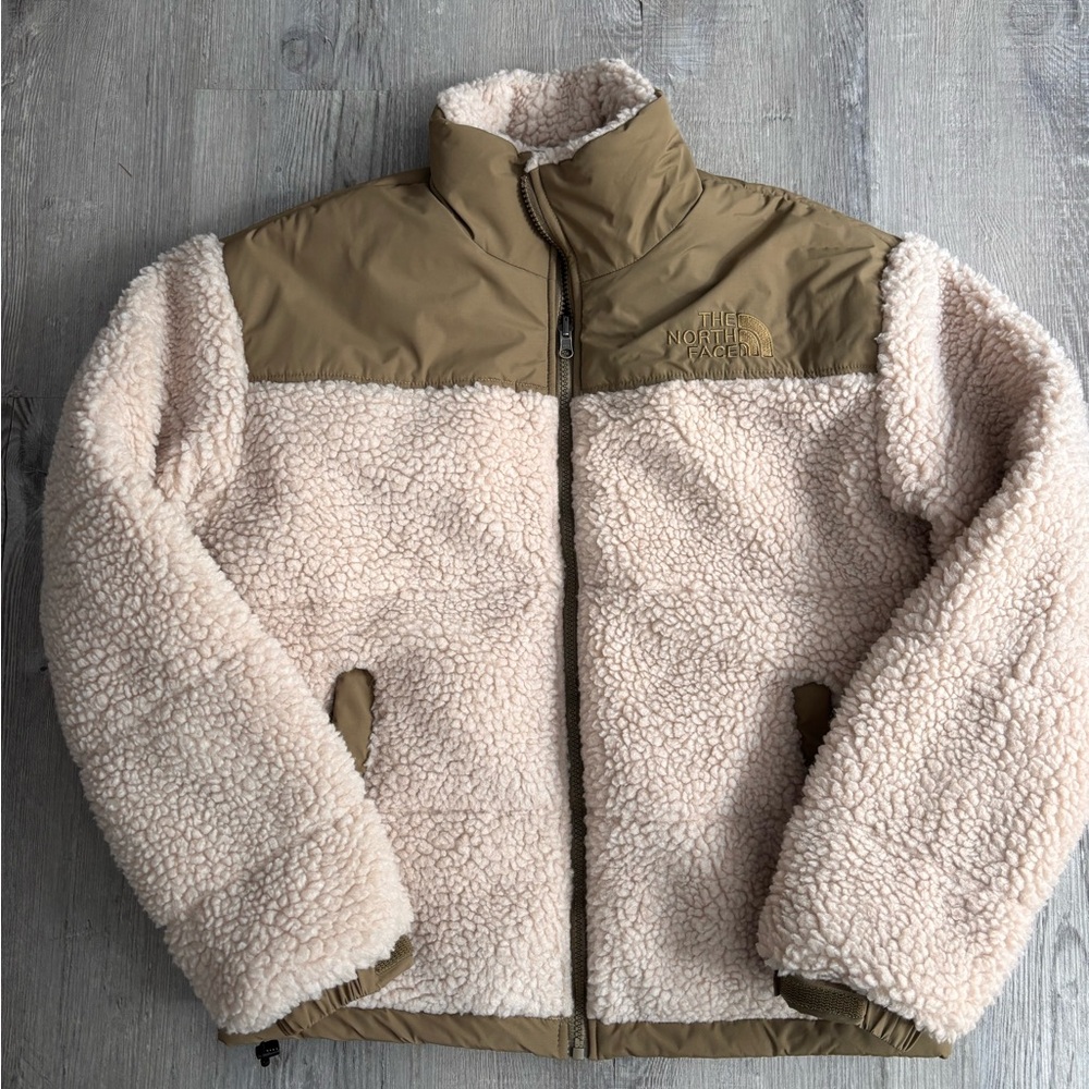 The North Face Olive Green and Cream Teddy Jacket